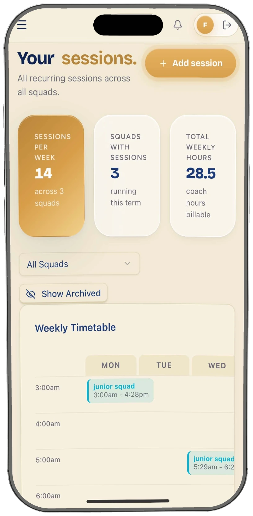 The SwimSync coach app running on a phone